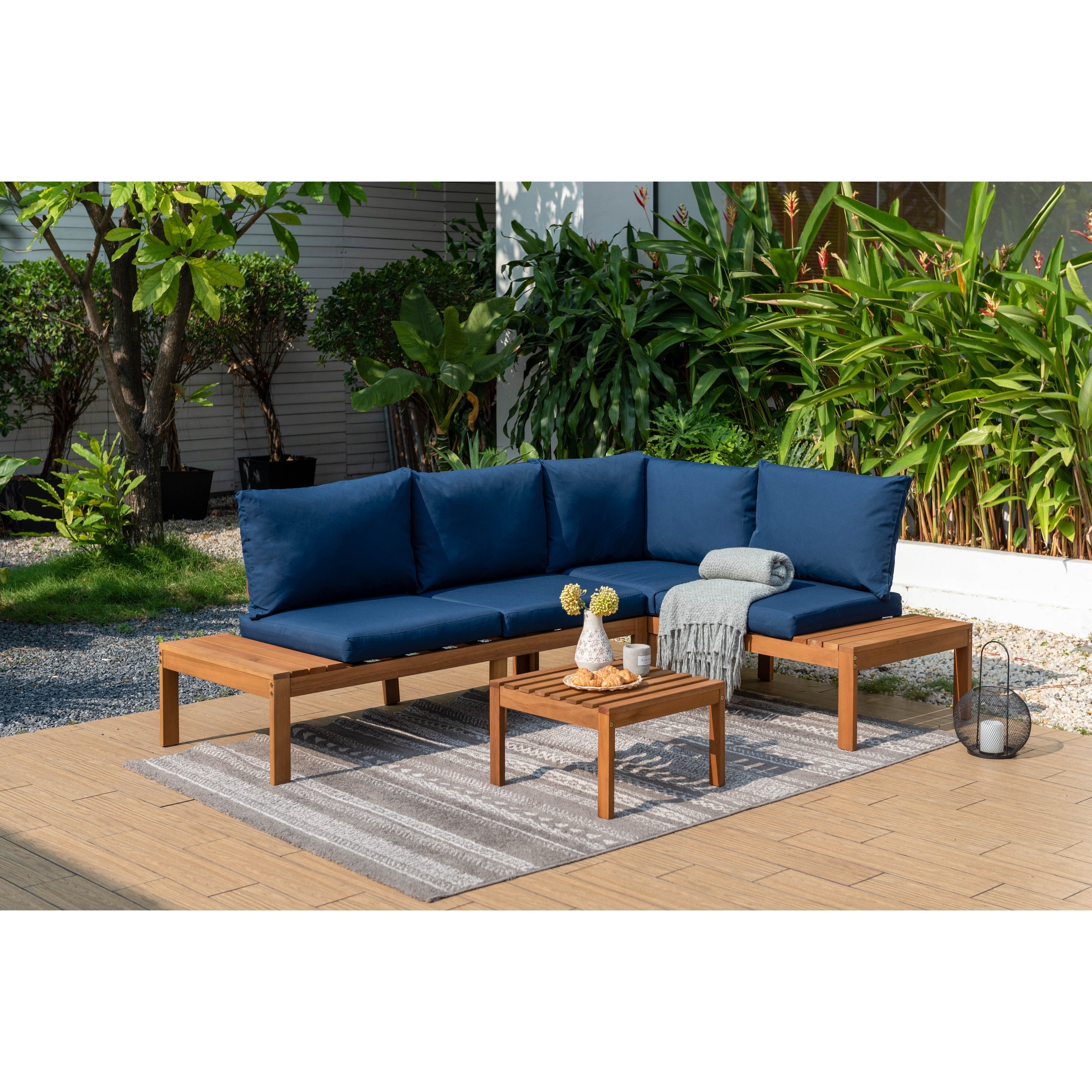 Ensemble de salon de jardin George en corde et bois, finition teck Amazonia