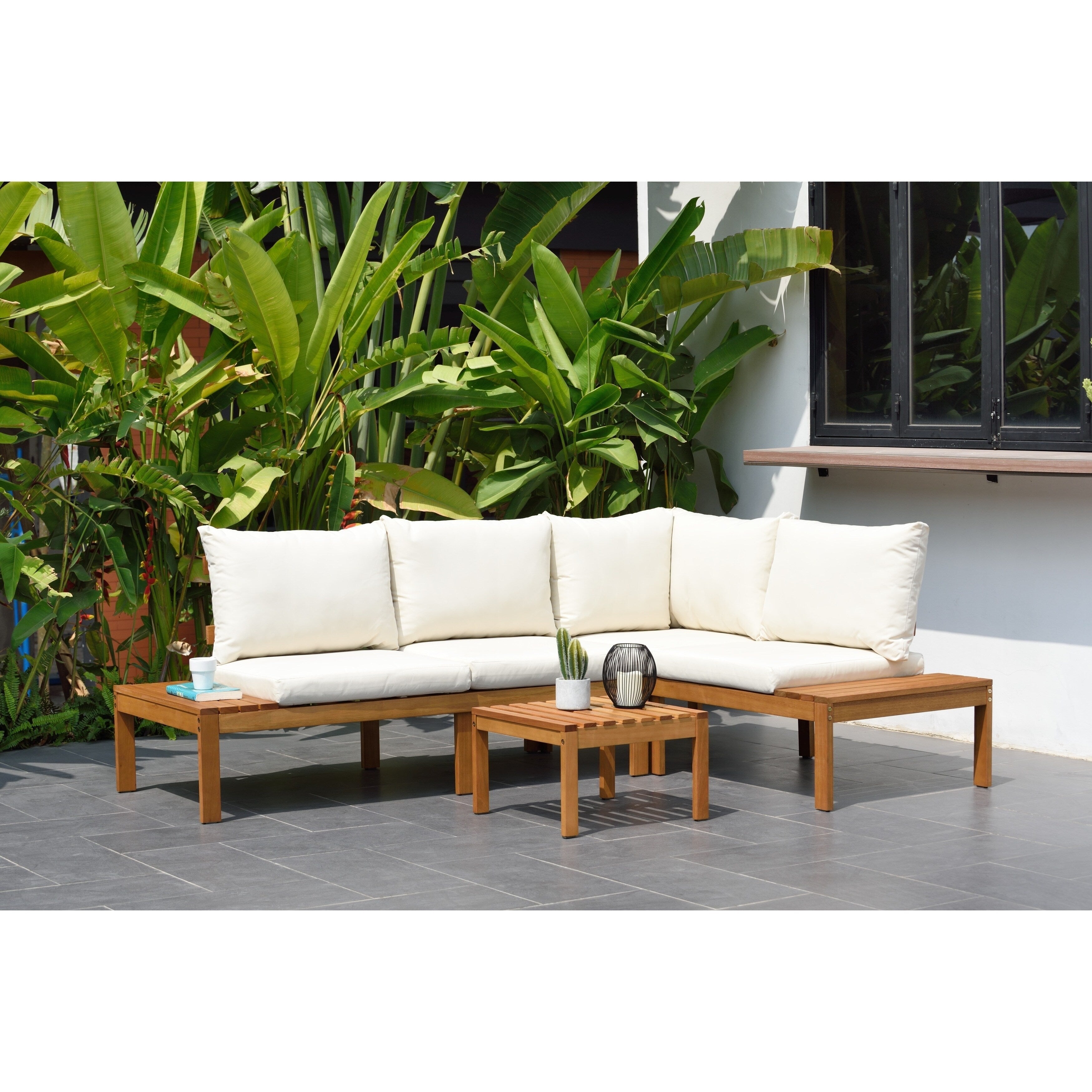 Ensemble de salon de jardin George en corde et bois, finition teck Amazonia