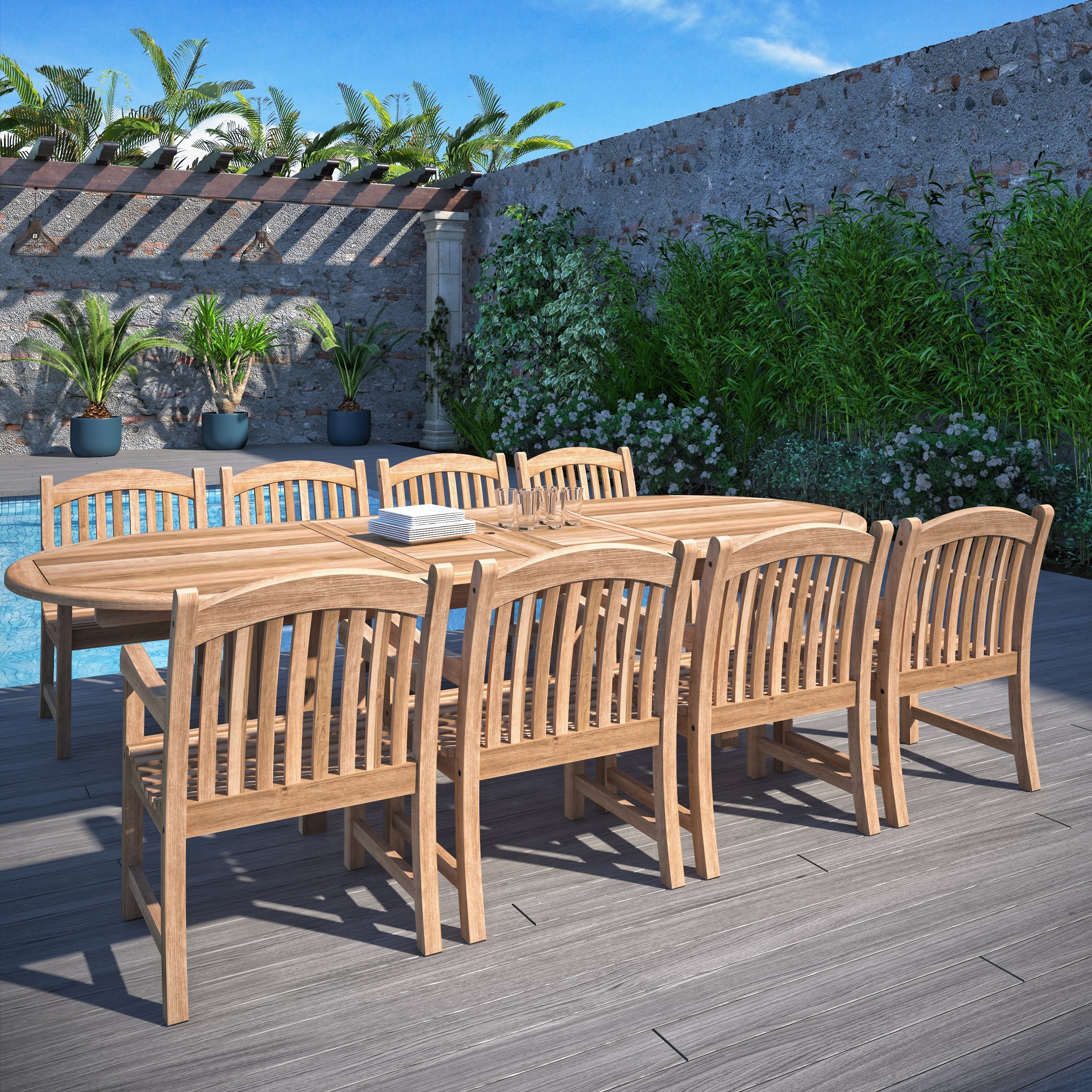 Ensemble de salle à manger d'extérieur extensible en teck Amazonia FSC - 9 pièces