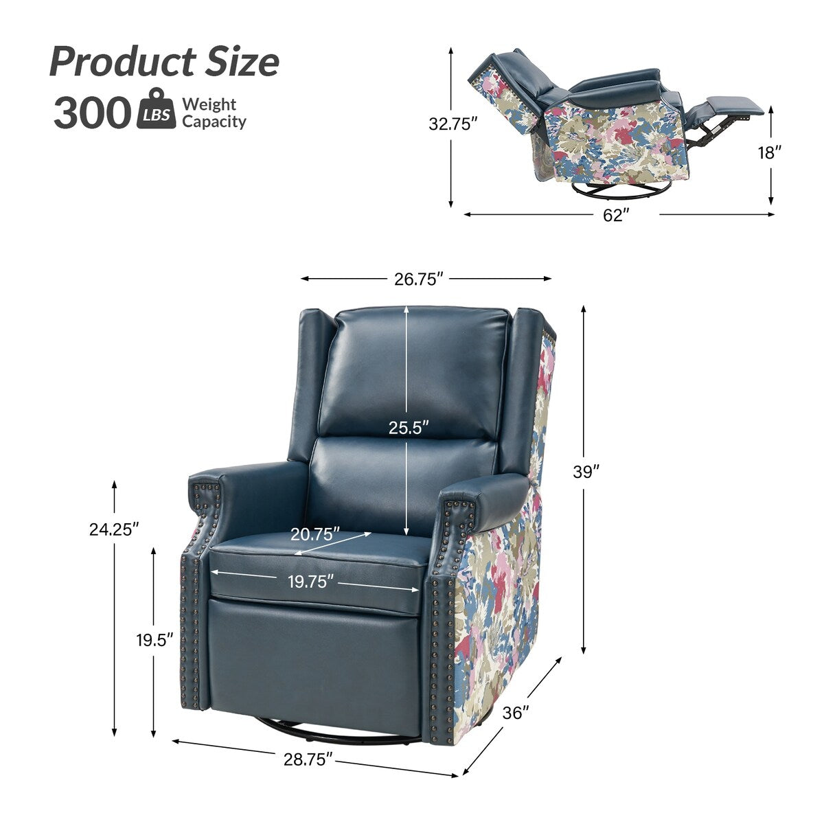 Fauteuil inclinable pivotant Amelia en cuir PU avec coutures florales par HULALA HOME