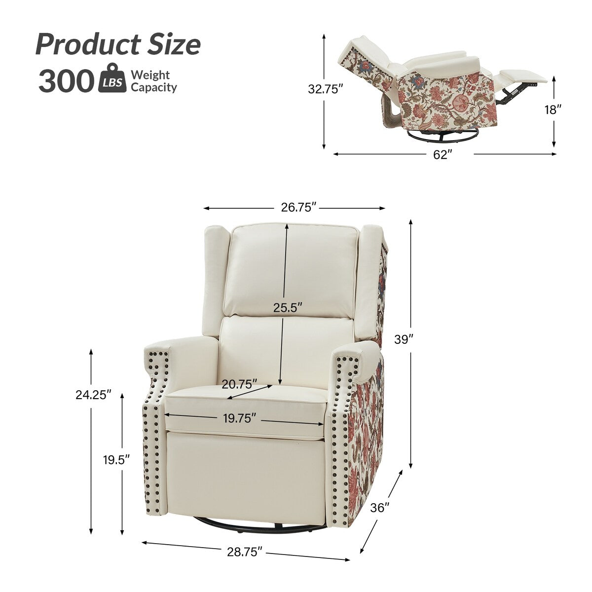 Fauteuil inclinable pivotant Amelia en cuir PU avec coutures florales par HULALA HOME