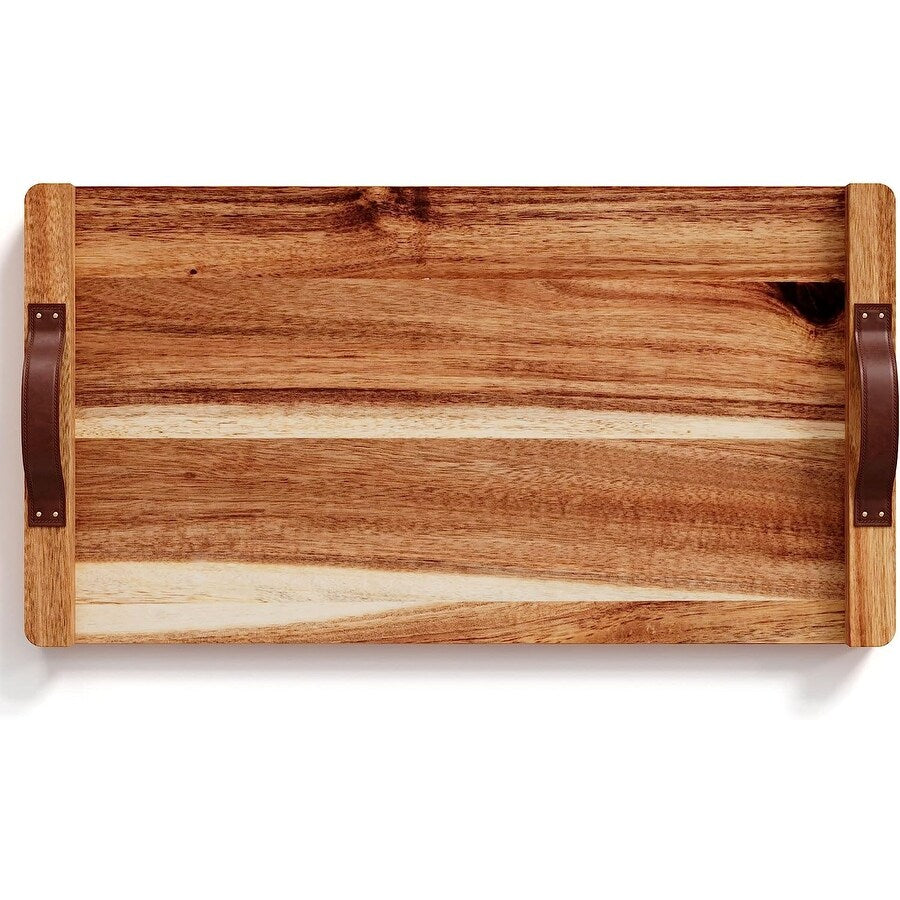 Plateau rectangulaire en bois d'acacia avec poignée en cuir, American Atelier - 18 x 9