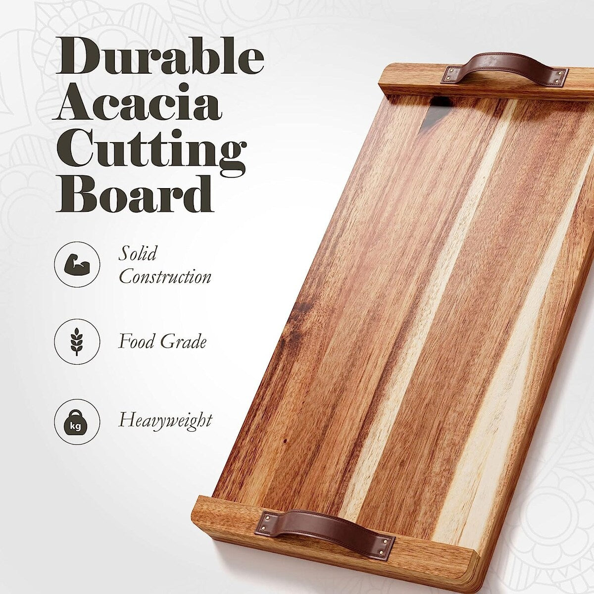 Plateau rectangulaire en bois d'acacia avec poignée en cuir, American Atelier - 18 x 9