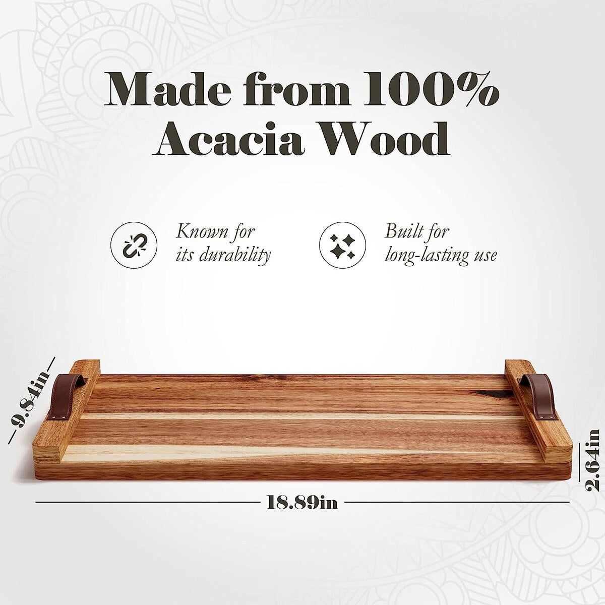 Plateau rectangulaire en bois d'acacia avec poignée en cuir, American Atelier - 18 x 9