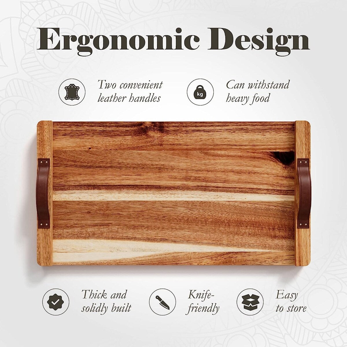 Plateau rectangulaire en bois d'acacia avec poignée en cuir, American Atelier - 18 x 9