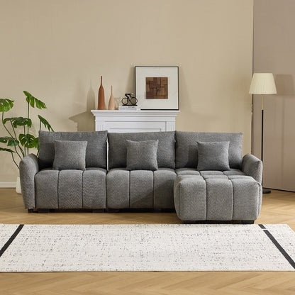 Canapé capitonné américain en tissu bouclé avec pouf - 3 places, 1 pouf