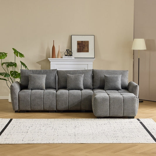 Canapé capitonné américain en tissu bouclé avec pouf - 3 places, 1 pouf