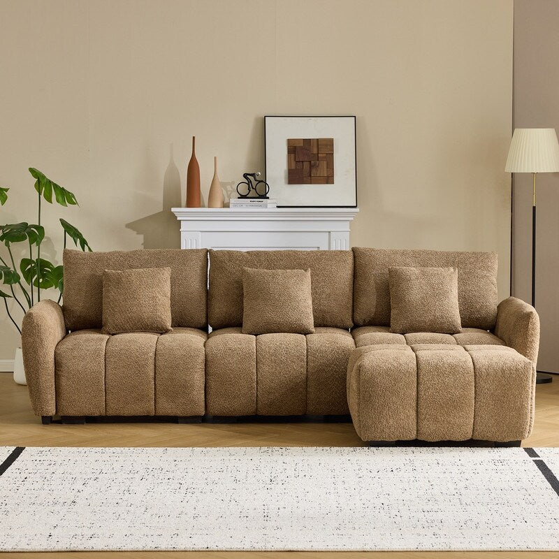 Canapé capitonné américain en tissu bouclé avec pouf - 3 places, 1 pouf