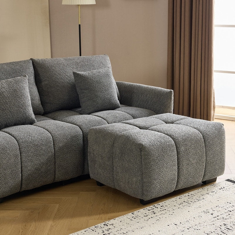 Canapé capitonné américain en tissu bouclé avec pouf - 3 places, 1 pouf