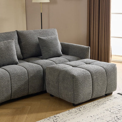 Canapé capitonné américain en tissu bouclé avec pouf - 3 places, 1 pouf