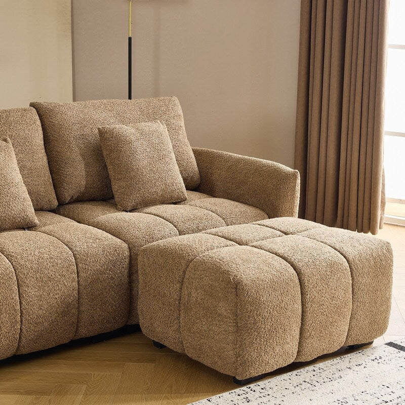 Canapé capitonné américain en tissu bouclé avec pouf - 3 places, 1 pouf