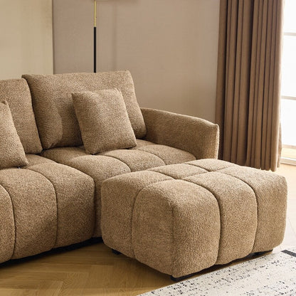 Canapé capitonné américain en tissu bouclé avec pouf - 3 places, 1 pouf