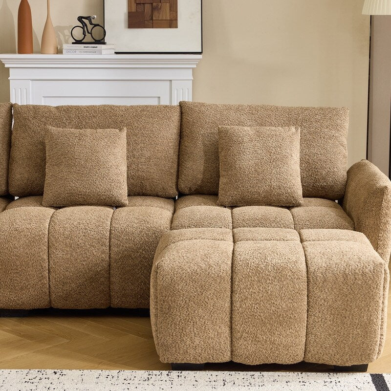 Canapé capitonné américain en tissu bouclé avec pouf - 3 places, 1 pouf