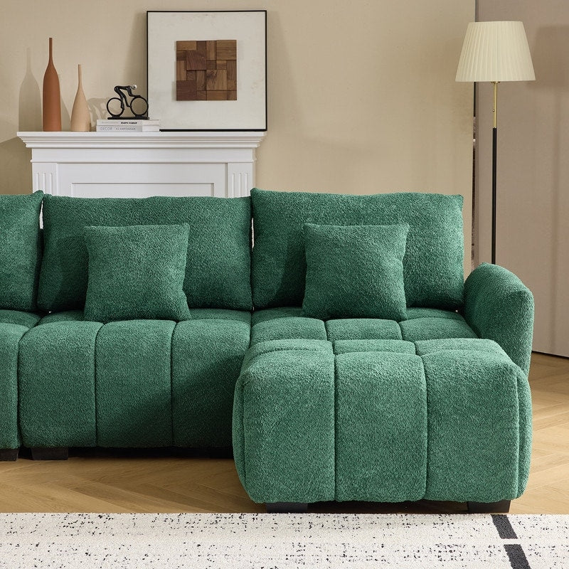 Canapé capitonné américain en tissu bouclé avec pouf - 3 places, 1 pouf