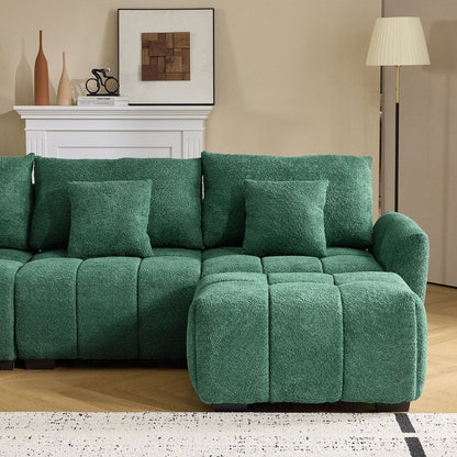 Canapé capitonné américain en tissu bouclé avec pouf - 3 places, 1 pouf