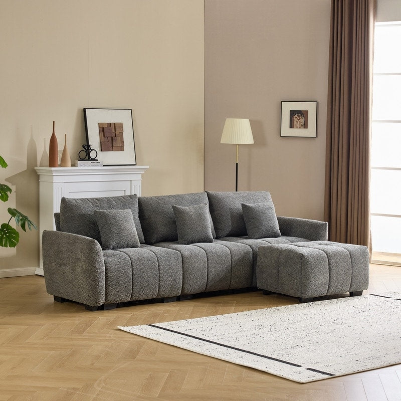 Canapé capitonné américain en tissu bouclé avec pouf - 3 places, 1 pouf
