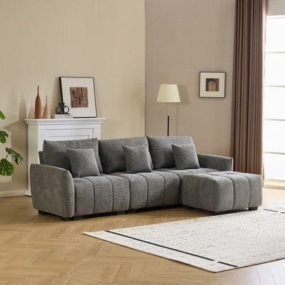 Canapé capitonné américain en tissu bouclé avec pouf - 3 places, 1 pouf