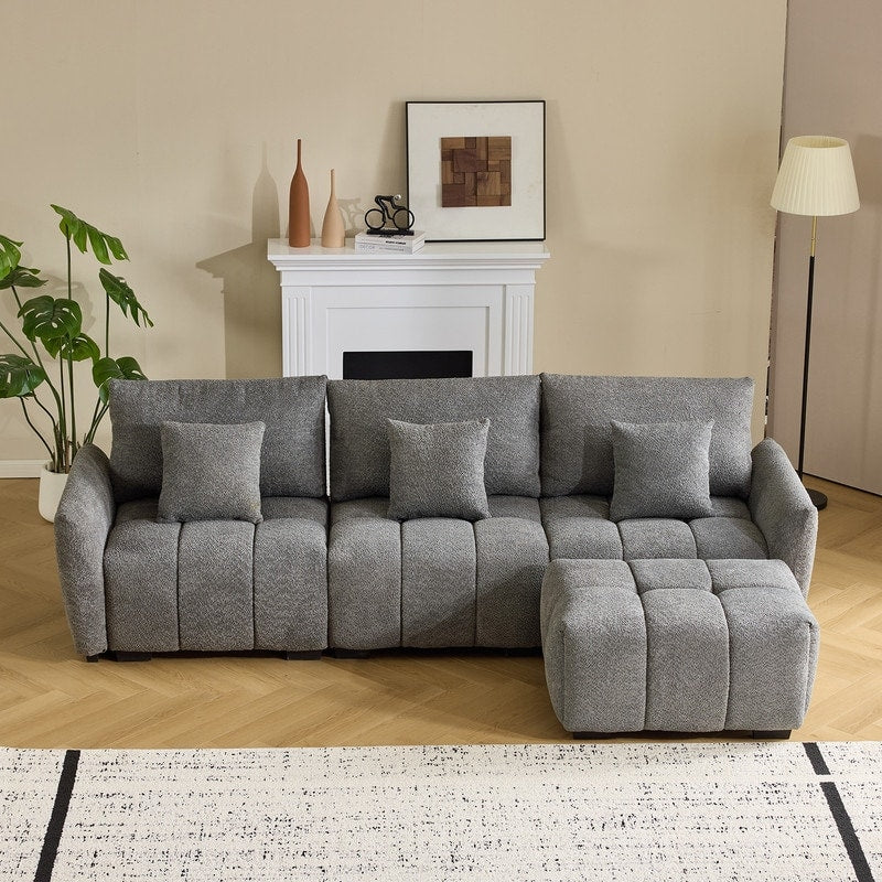 Canapé capitonné américain en tissu bouclé avec pouf - 3 places, 1 pouf