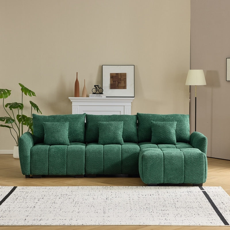 Canapé capitonné américain en tissu bouclé avec pouf - 3 places, 1 pouf
