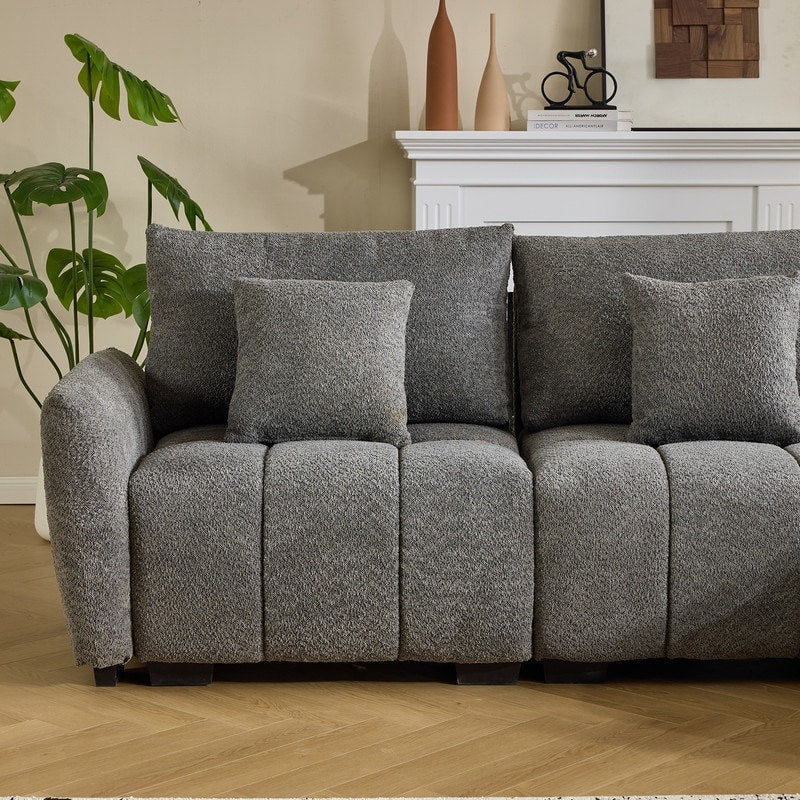 Canapé capitonné américain en tissu bouclé avec pouf - 3 places, 1 pouf