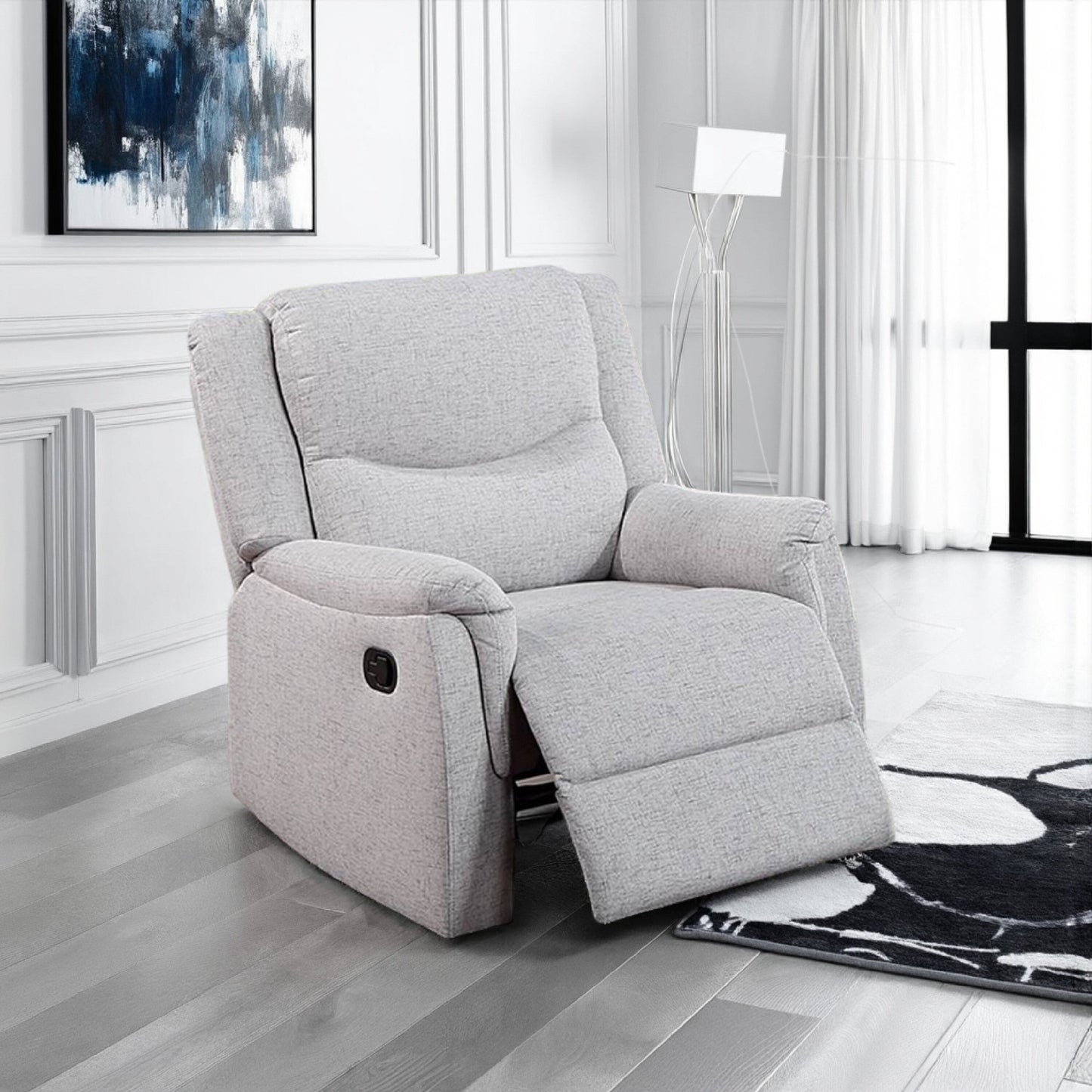 Fauteuil inclinable manuel Ammy, accoudoirs en coussin, bois massif, imitation toile de jute blanche