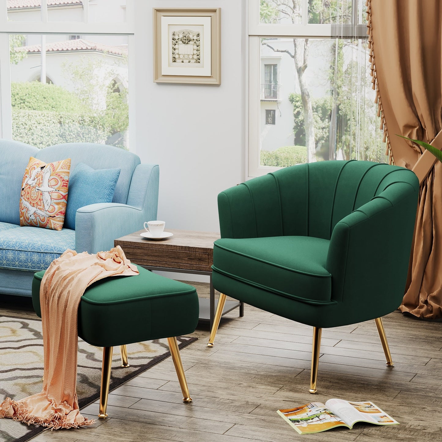 Fauteuil d'appoint Andeworld avec pouf, fauteuil d'appoint moderne rembourré, fauteuil de salon confortable en forme de tonneau