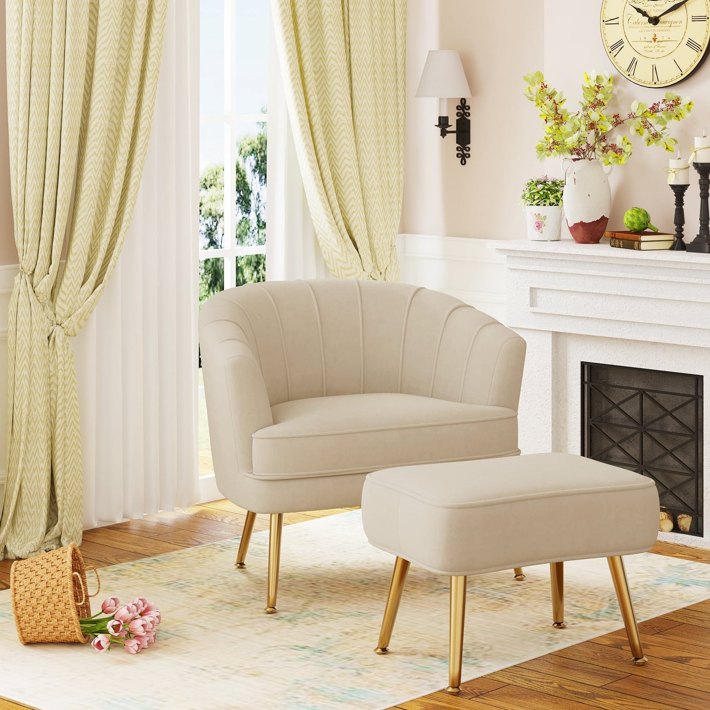 Fauteuil d'appoint Andeworld avec pouf, fauteuil d'appoint moderne rembourré, fauteuil de salon confortable en forme de tonneau