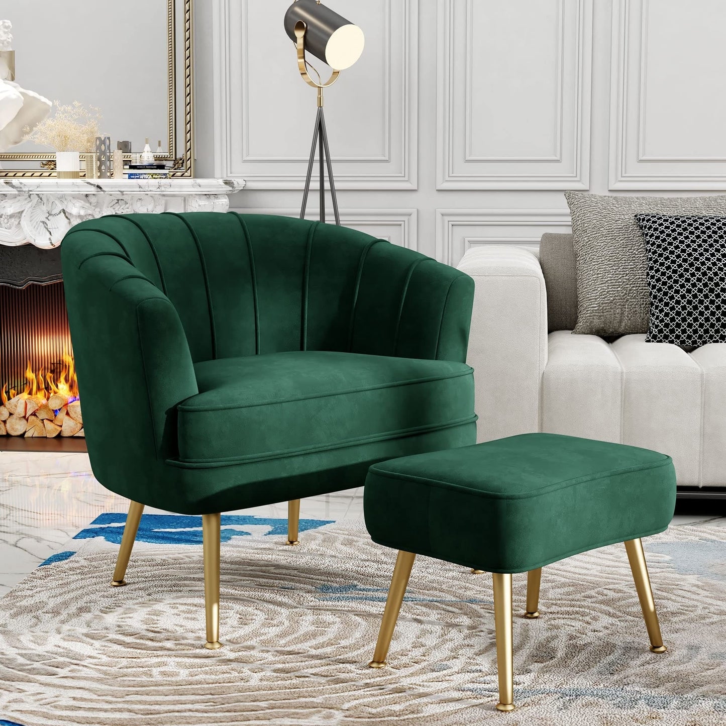 Fauteuil d'appoint Andeworld avec pouf, fauteuil d'appoint moderne rembourré, fauteuil de salon confortable en forme de tonneau
