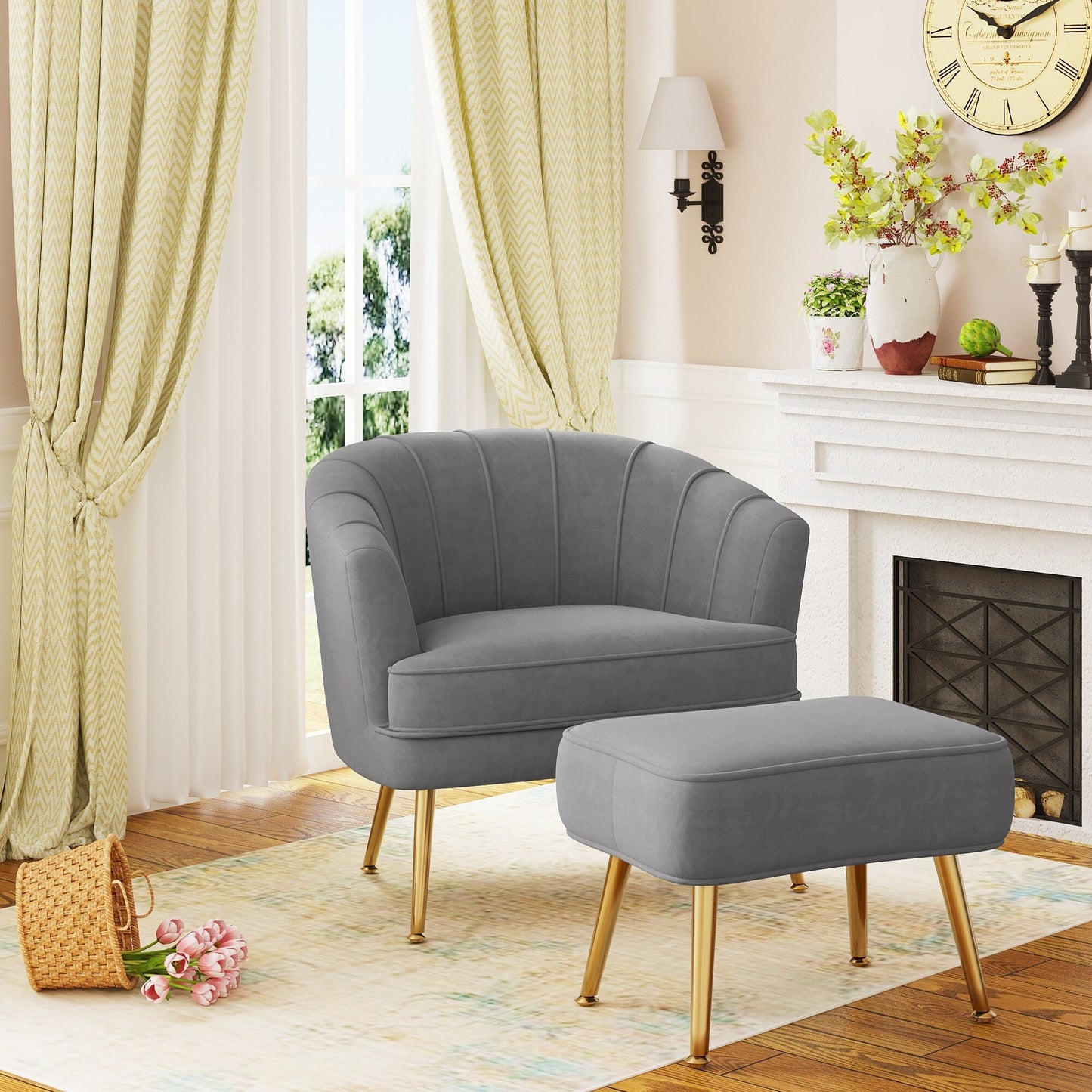 Fauteuil d'appoint Andeworld avec pouf, fauteuil d'appoint moderne rembourré, fauteuil de salon confortable en forme de tonneau