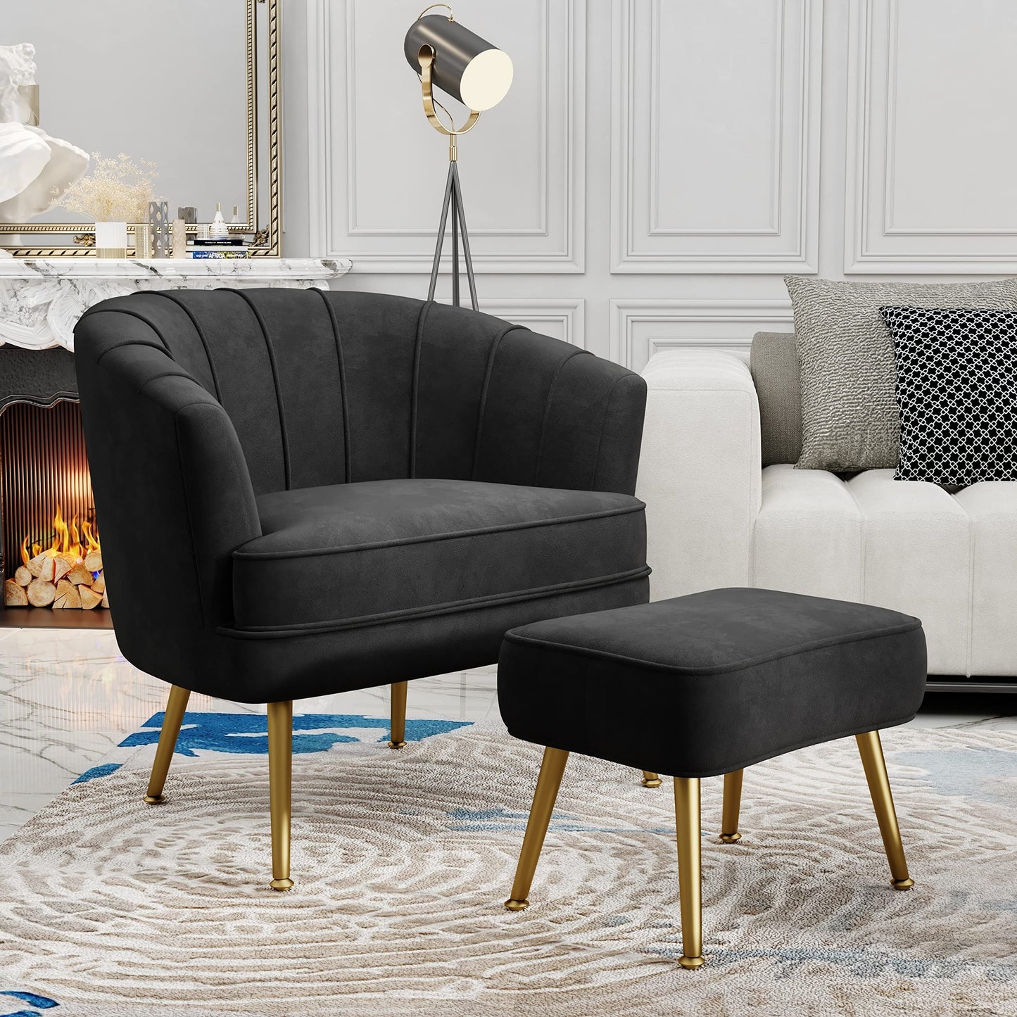 Fauteuil d'appoint Andeworld avec pouf, fauteuil d'appoint moderne rembourré, fauteuil de salon confortable en forme de tonneau