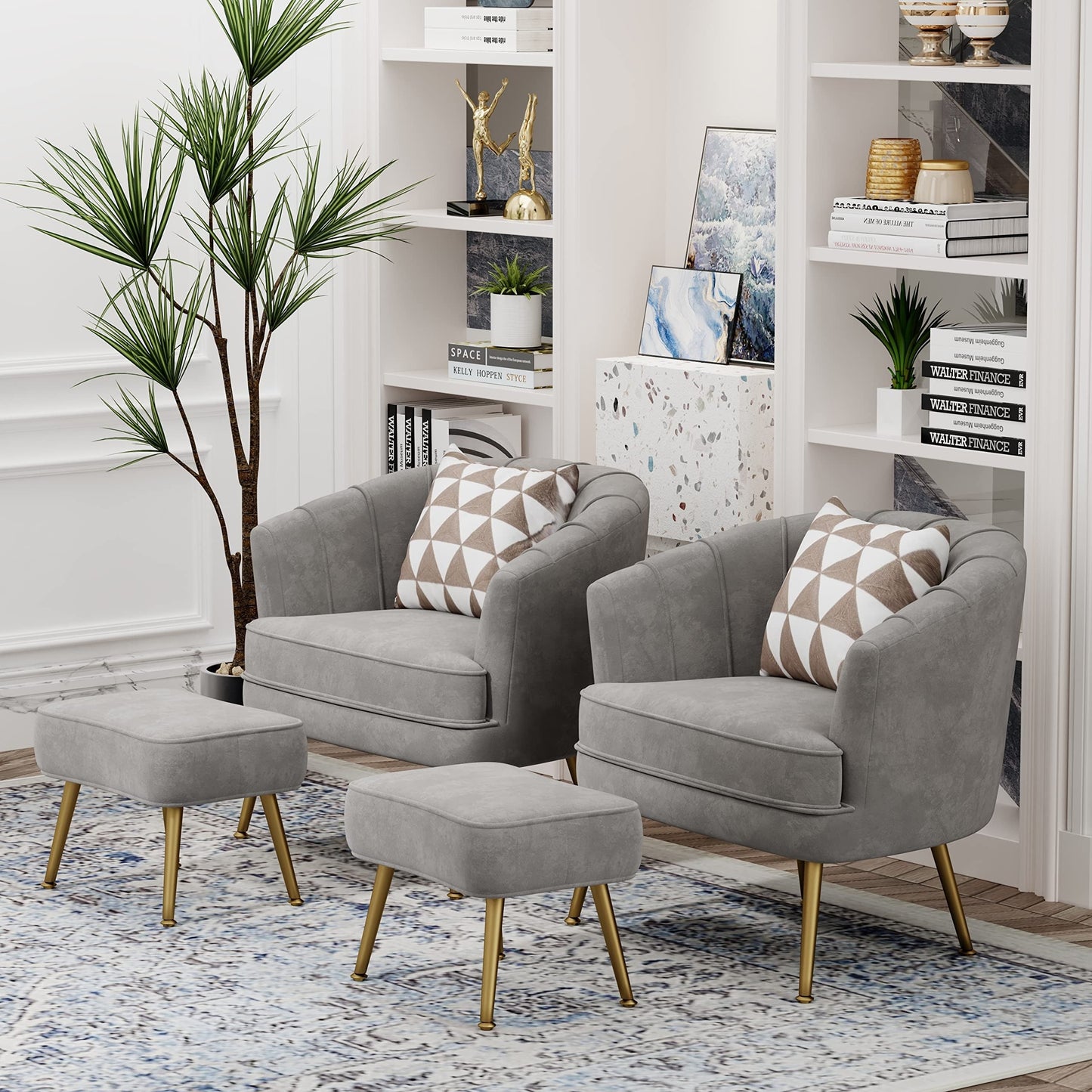Fauteuil d'appoint Andeworld avec pouf, fauteuil d'appoint moderne rembourré, fauteuil de salon confortable en forme de tonneau