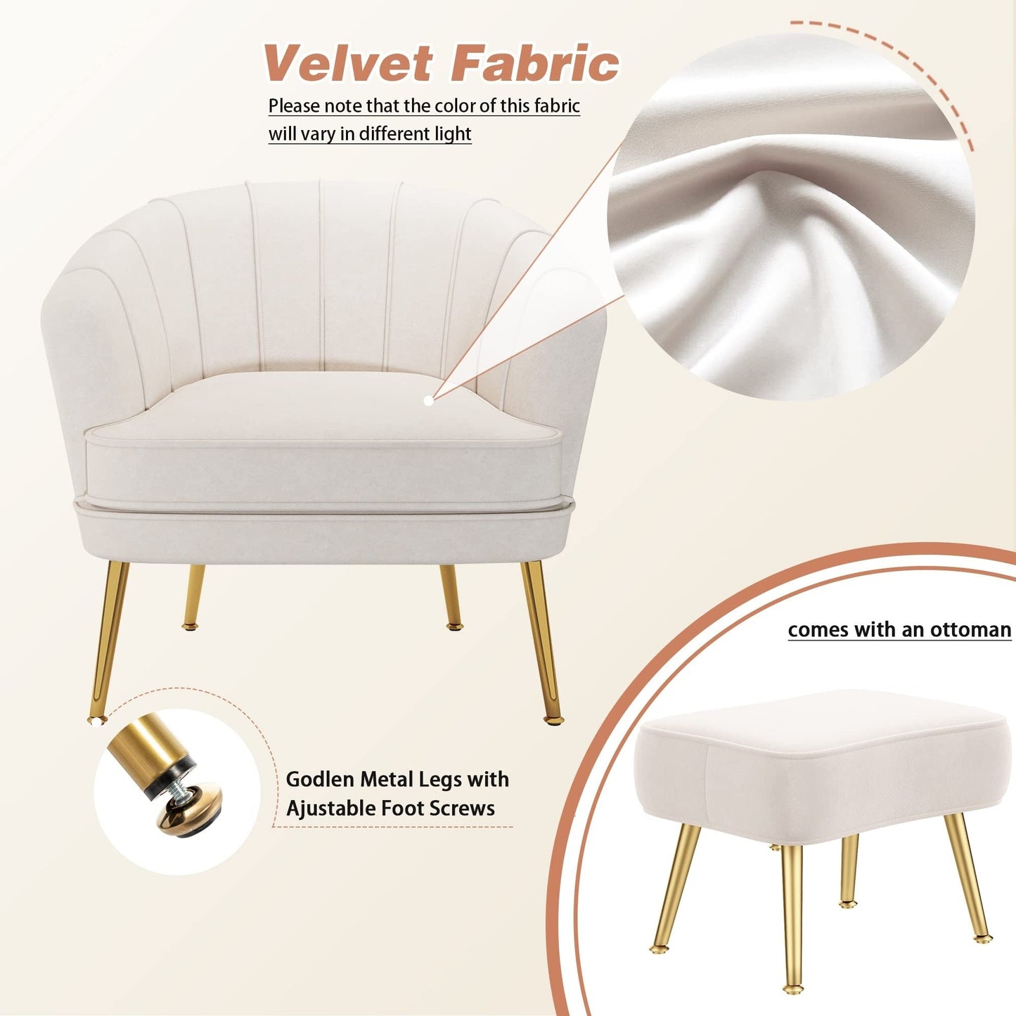 Fauteuil d'appoint Andeworld avec pouf, fauteuil d'appoint moderne rembourré, fauteuil de salon confortable en forme de tonneau