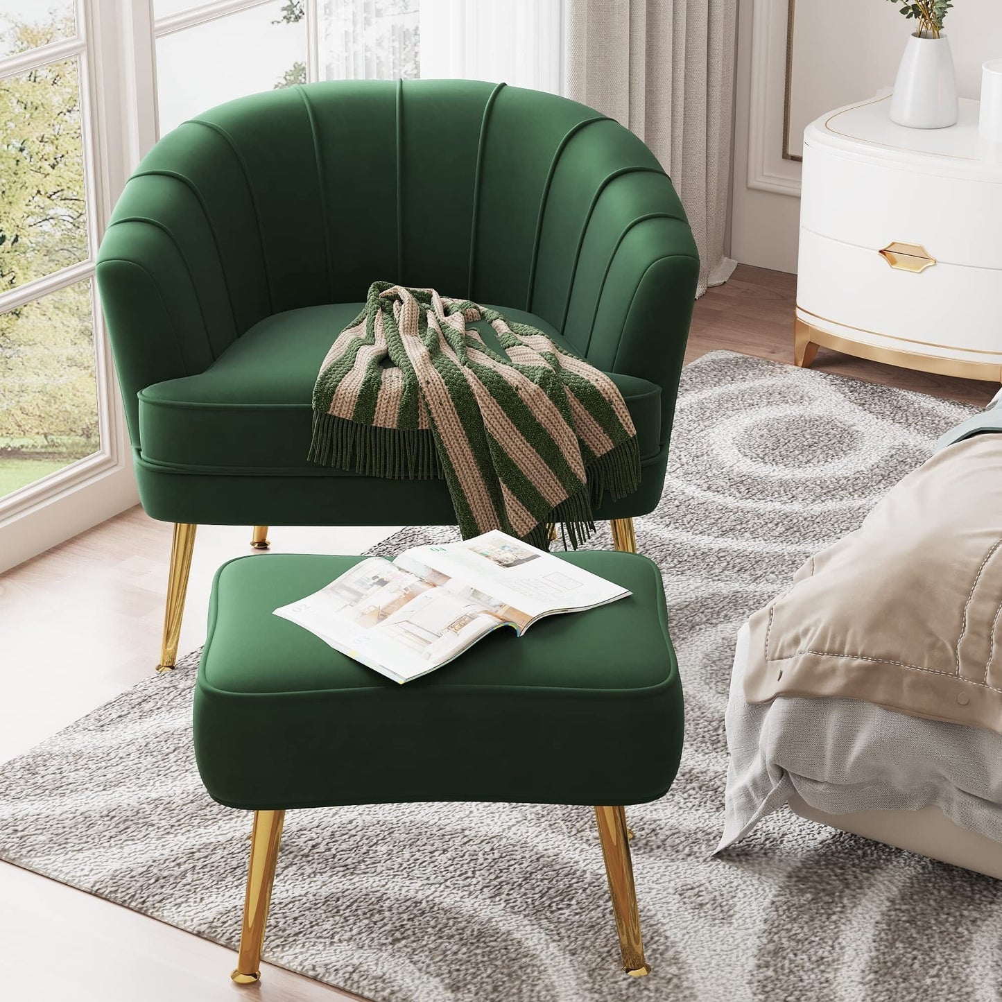 Fauteuil d'appoint Andeworld avec pouf, fauteuil d'appoint moderne rembourré, fauteuil de salon confortable en forme de tonneau