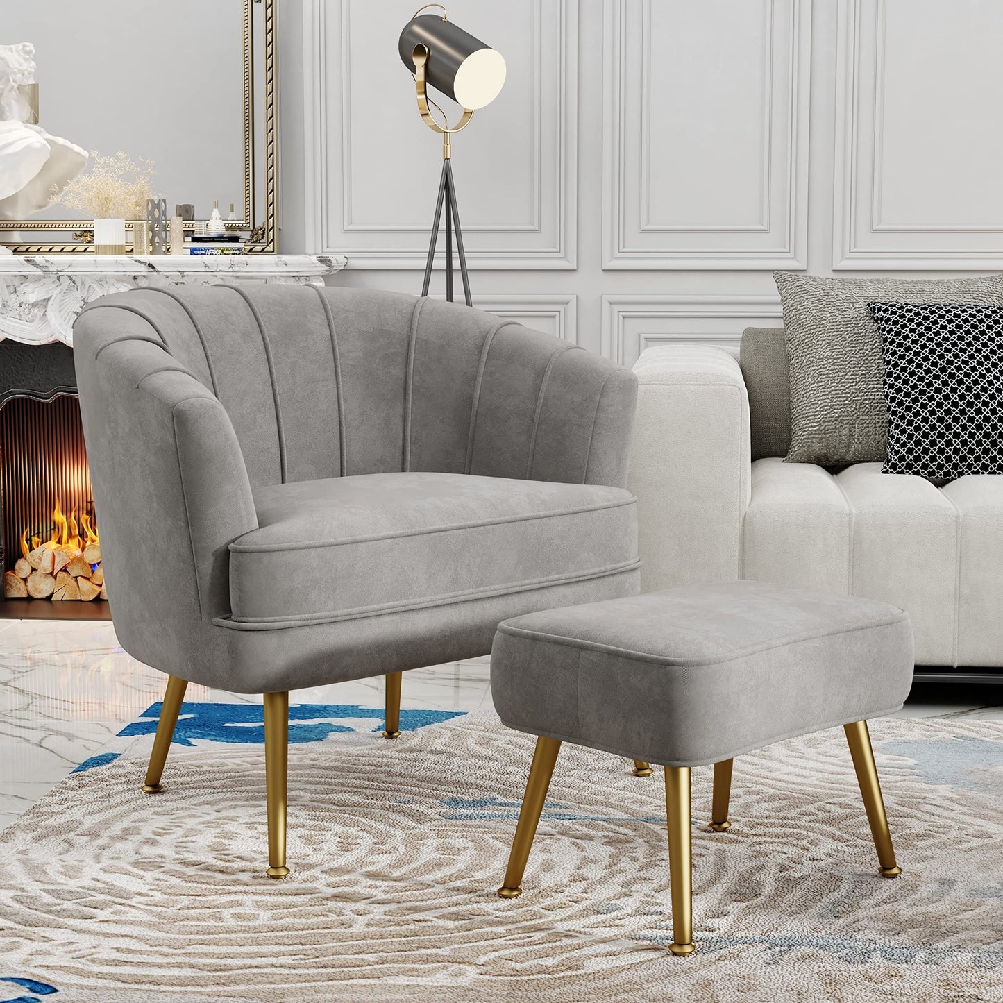 Fauteuil d'appoint Andeworld avec pouf, fauteuil d'appoint moderne rembourré, fauteuil de salon confortable en forme de tonneau