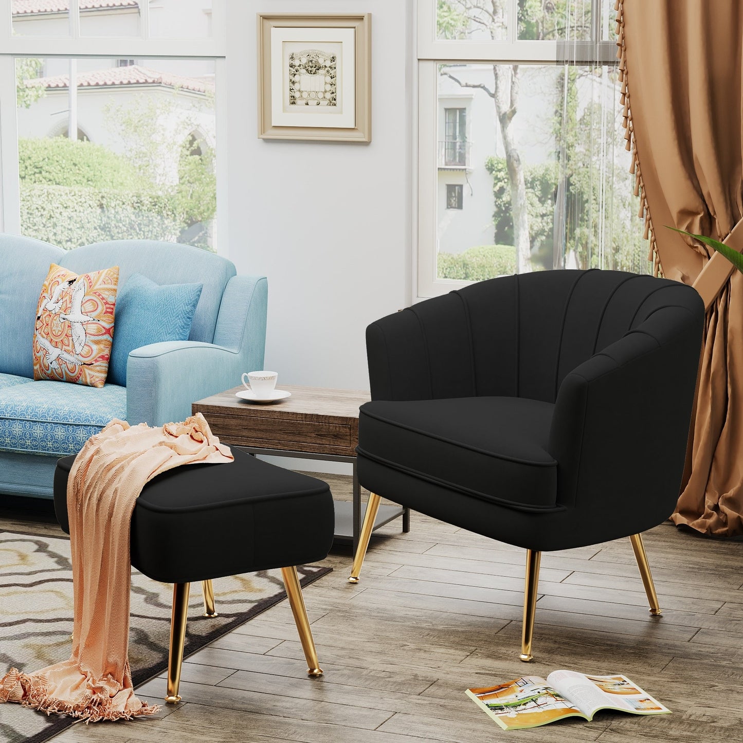 Fauteuil d'appoint Andeworld avec pouf, fauteuil d'appoint moderne rembourré, fauteuil de salon confortable en forme de tonneau