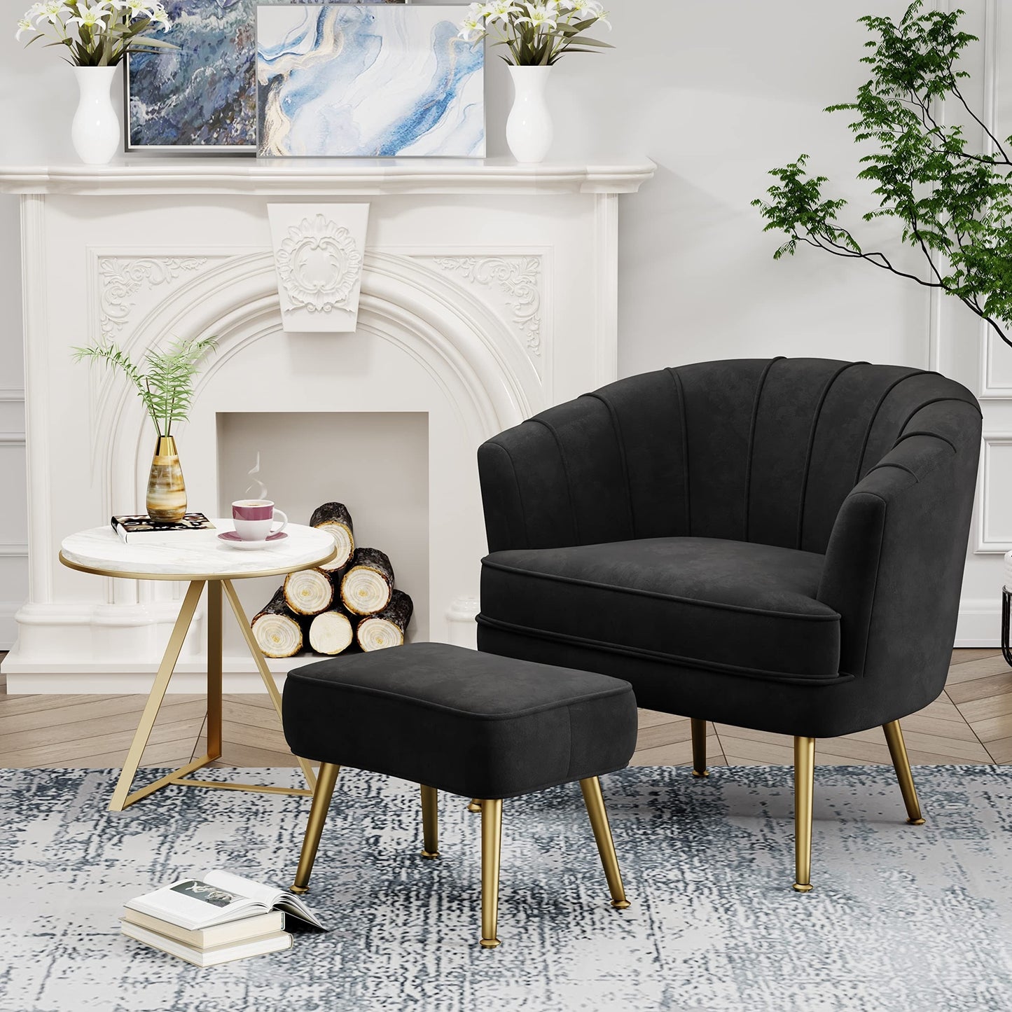 Fauteuil d'appoint Andeworld avec pouf, fauteuil d'appoint moderne rembourré, fauteuil de salon confortable en forme de tonneau