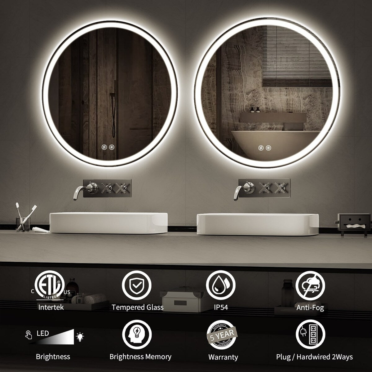 Miroir de courtoisie rond sans cadre, antibuée, éclairé par LED et à intensité variable
