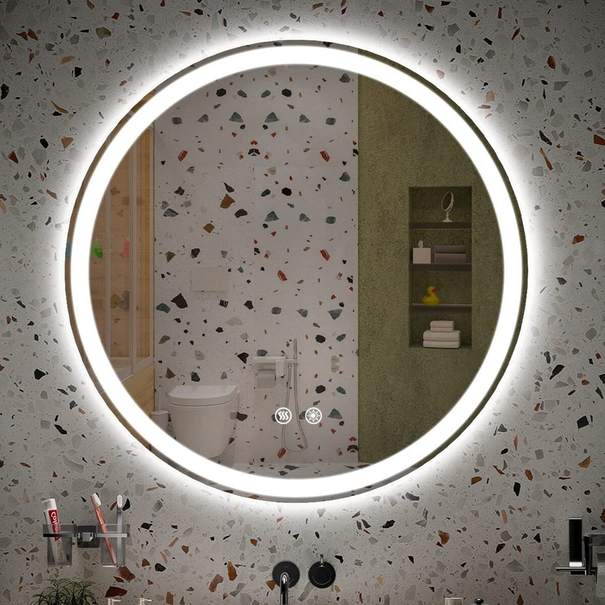 Miroir de courtoisie rond sans cadre, antibuée, éclairé par LED et à intensité variable