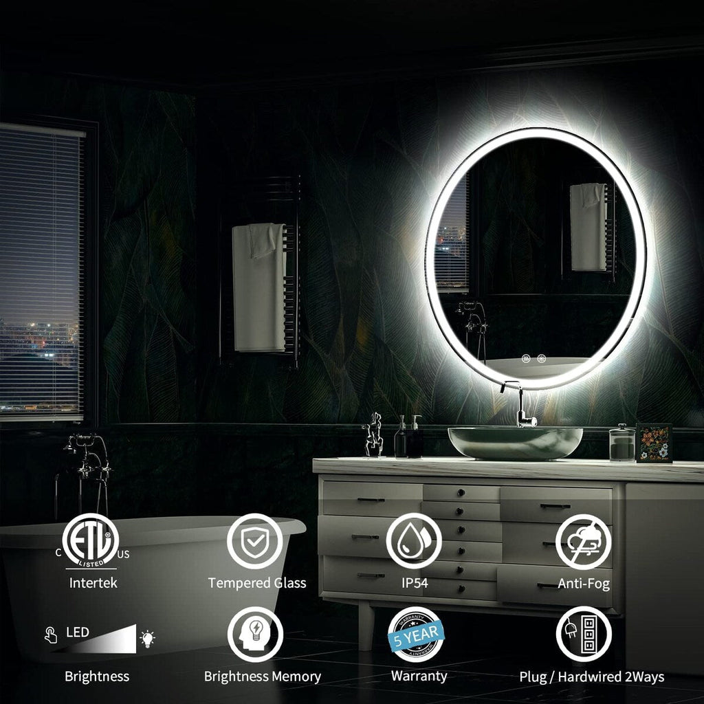 Miroir de courtoisie rond sans cadre, antibuée, éclairé par LED et à intensité variable