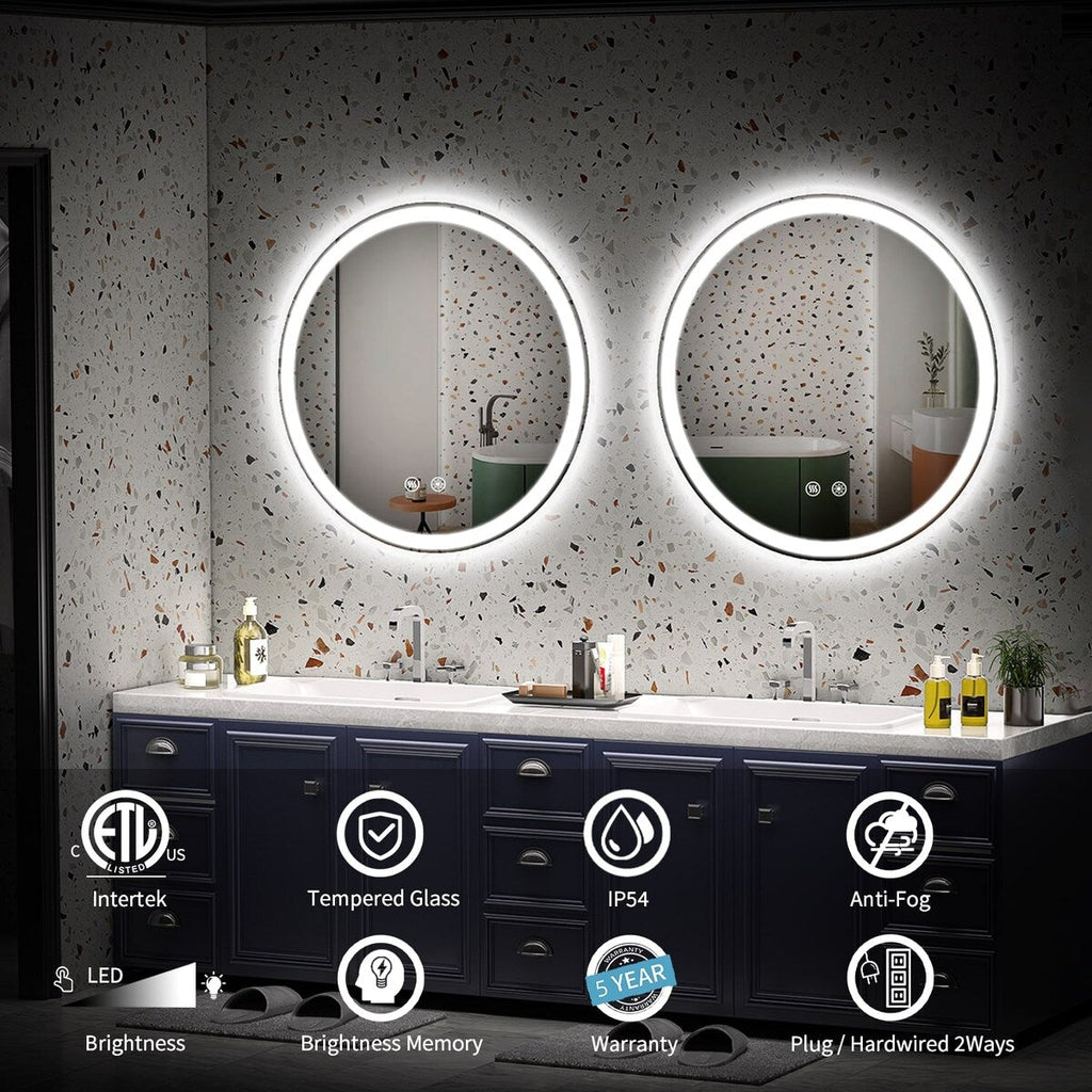 Miroir de courtoisie rond sans cadre, antibuée, éclairé par LED et à intensité variable