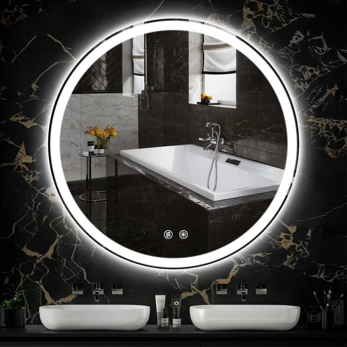 Miroir de courtoisie rond sans cadre, antibuée, éclairé par LED et à intensité variable