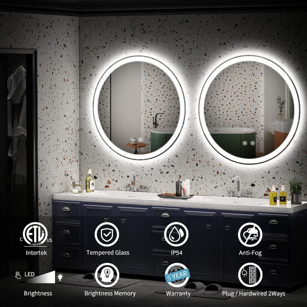 Miroir de courtoisie rond sans cadre, antibuée, éclairé par LED et à intensité variable