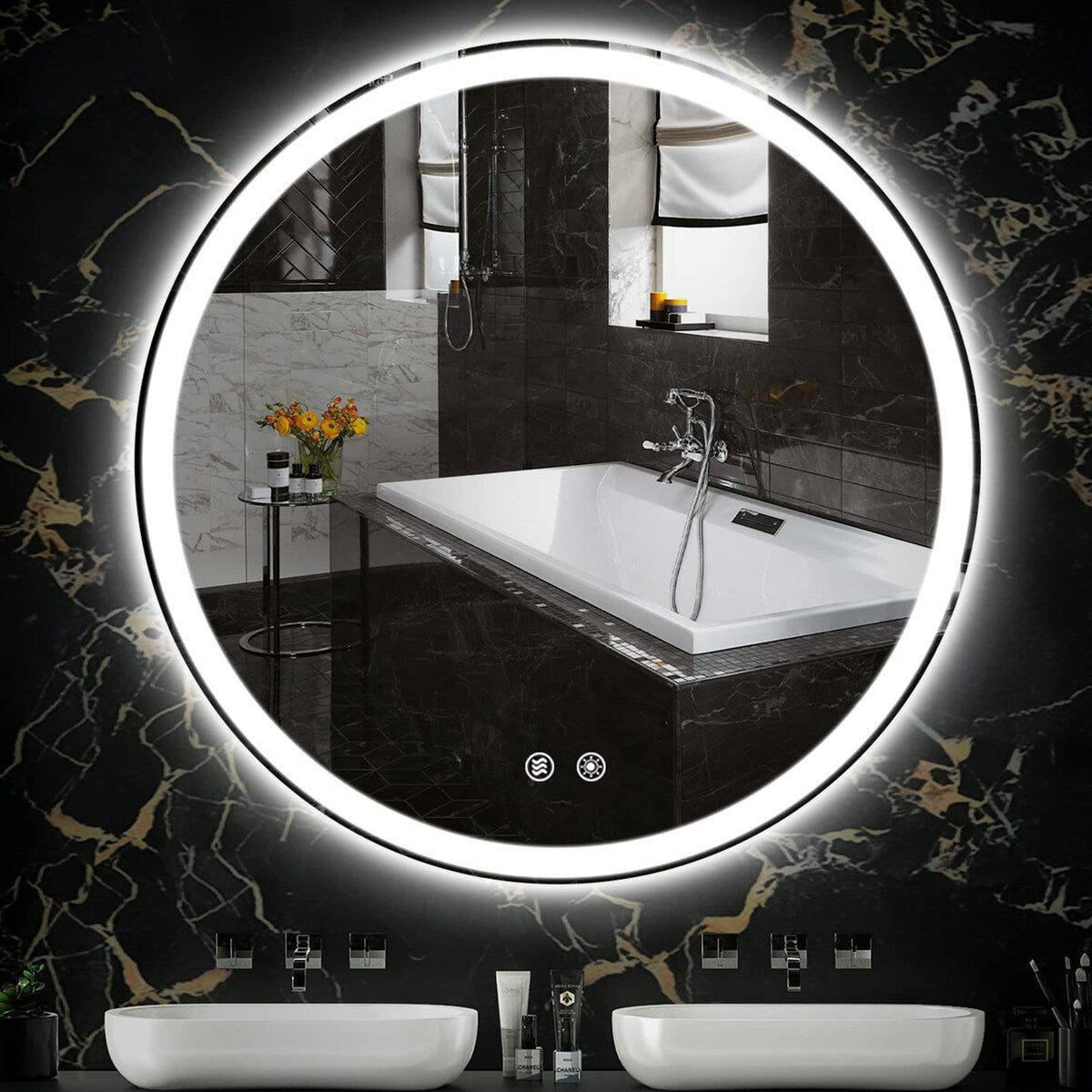 Miroir de courtoisie rond sans cadre, antibuée, éclairé par LED et à intensité variable