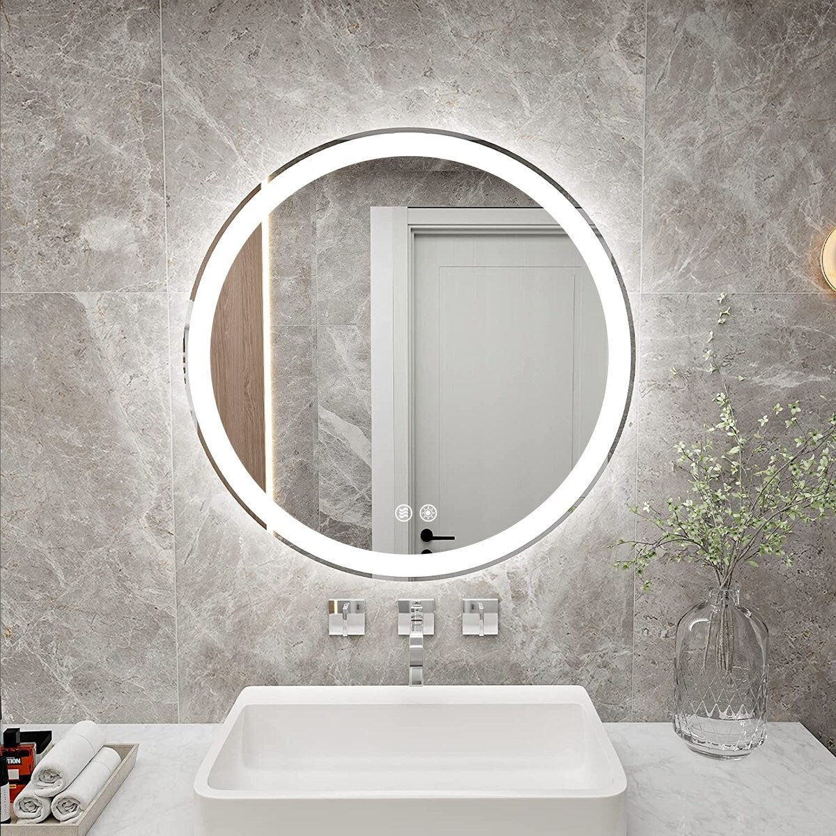 Miroir de courtoisie rond sans cadre, antibuée, éclairé par LED et à intensité variable