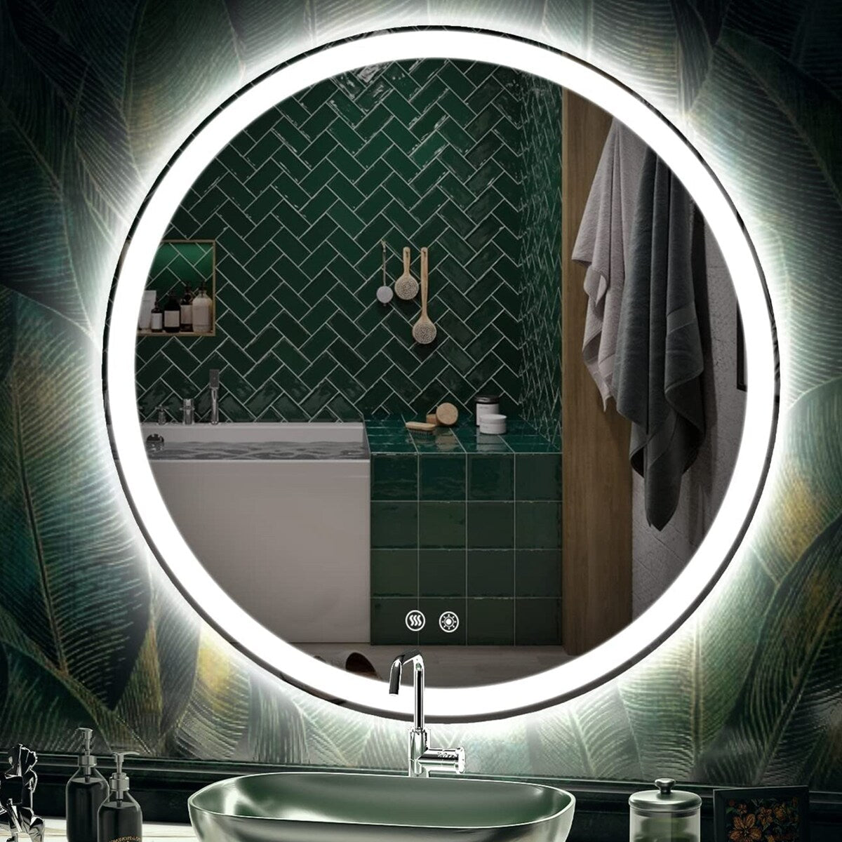 Miroir de courtoisie rond sans cadre, antibuée, éclairé par LED et à intensité variable
