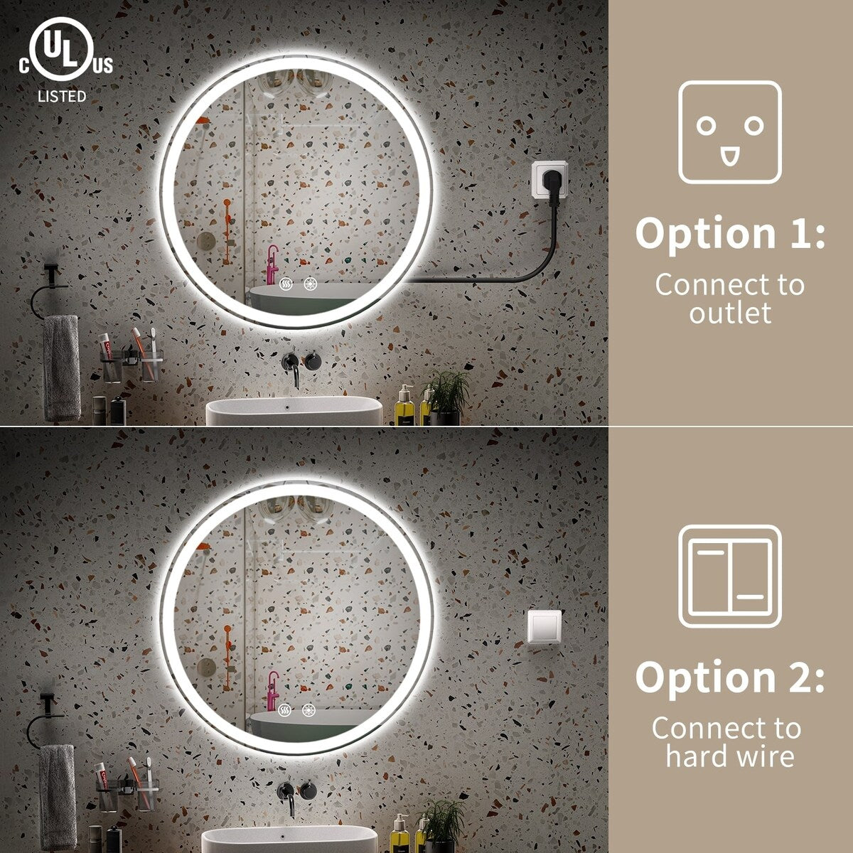 Miroir de courtoisie rond sans cadre, antibuée, éclairé par LED et à intensité variable