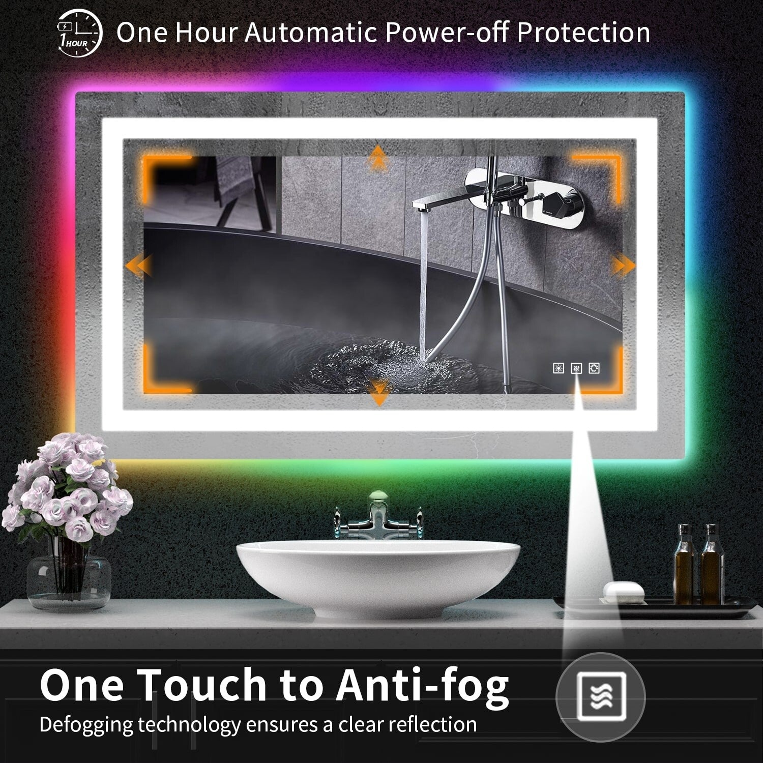 Miroir de salle de bain antibuée rétroéclairé RVB et LED frontale