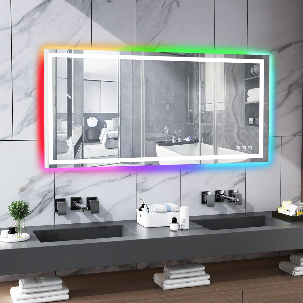 Miroir de salle de bain antibuée rétroéclairé RVB et LED frontale