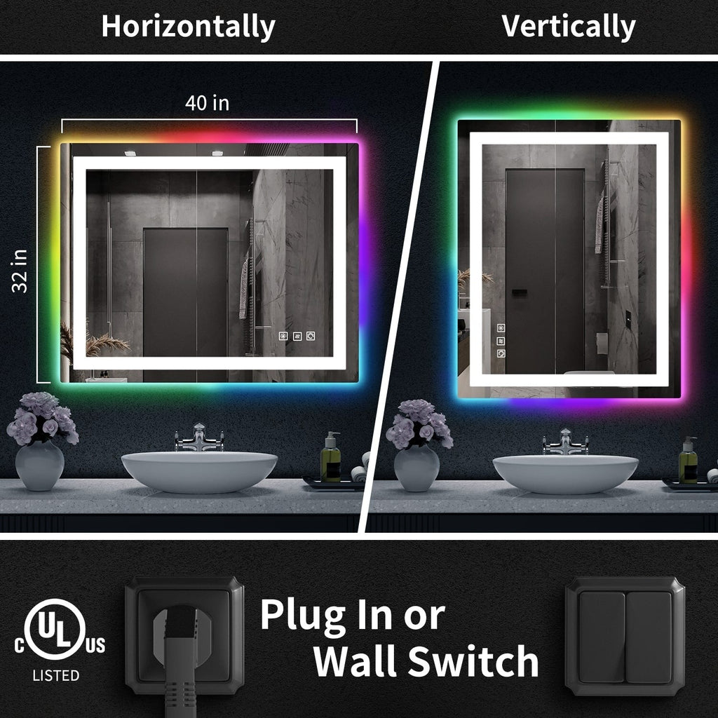 Miroir de salle de bain antibuée rétroéclairé RVB et LED frontale
