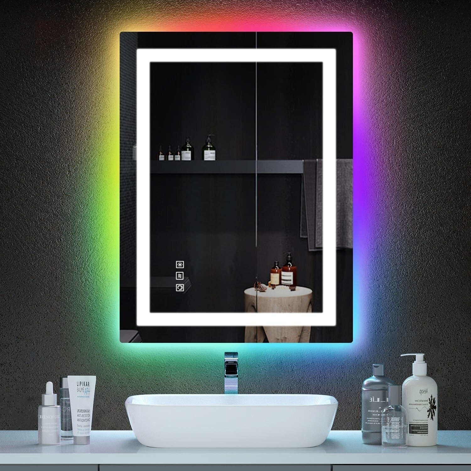 Miroir de salle de bain antibuée rétroéclairé RVB et LED frontale
